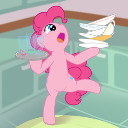 Size: 800x800 | Tagged: safe, artist:hidamariru, pinkie pie, pony, bipedal, dishes, pixiv, solo