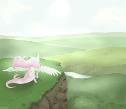 Size: 2300x2000 | Tagged: safe, artist:silbersternenlicht, princess celestia, alicorn, pony, cliff, pink mane, pink-mane celestia, rear view, solo, spread wings