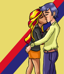 Size: 499x580 | Tagged: safe, artist:mcwhale4, comet tail, sunset shimmer, human, equestria girls, abstract background, cometshimmer, equestria girls-ified, female, kissing, male, shipping, straight