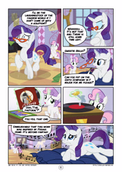Size: 2894x4093 | Tagged: safe, artist:mister-saugrenu, octavia melody, rarity, sweetie belle, earth pony, pony, unicorn, comic:art block, comic, marshmelodrama, music, music notes, record player