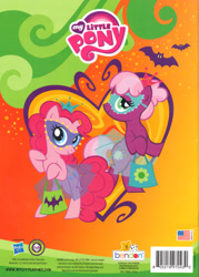 Size: 1200x1678 | Tagged: safe, cheerilee, pinkie pie, bat, earth pony, pony, activity book, clothes, costume, crown, halloween, hub logo, mask, old cutie mark, wrong cutie mark