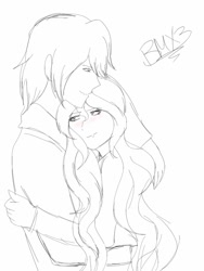 Size: 768x1024 | Tagged: safe, artist:brickercupmasterx3, comet tail, sunset shimmer, human, black and white, blushing, cometshimmer, embrace, female, grayscale, hug, humanized, male, monochrome, romantic, shipping, straight