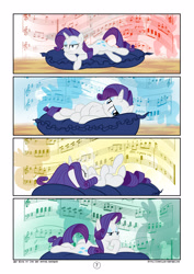 Size: 2894x4093 | Tagged: safe, artist:mister-saugrenu, rarity, pony, unicorn, comic:art block, comic, music, music notes, pillow, solo