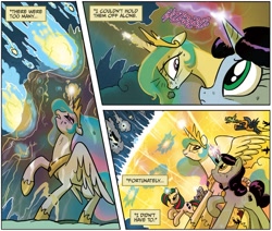 Size: 1833x1551 | Tagged: safe, idw, gusty, gusty the great, princess celestia, alicorn, pony, unicorn, g4, spoiler:comic, spoiler:comicm08, comic, epic, female, fight, force field, mare, official comic, professor inkwell, teamwork, unity