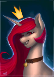 Size: 620x877 | Tagged: safe, artist:eosphorite, princess celestia, alicorn, pony, bust, crown, looking at you, necklace, portrait, sharp teeth, solo, werelestia