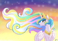 Size: 1024x731 | Tagged: safe, artist:dreamscapevalley, princess celestia, alicorn, pony, female, horn, mare, multicolored mane, solo, white coat, windswept mane