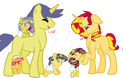 Size: 1024x650 | Tagged: safe, artist:galacticfeather, comet tail, sunset shimmer, baby, base used, cometshimmer, family, father and child, foal, mother and child, parent and child, parent:comet tail, parent:sunset shimmer, parents:cometshimmer