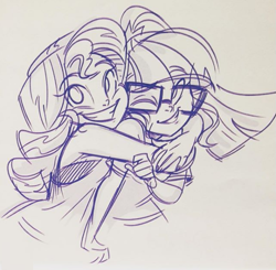 Size: 599x588 | Tagged: safe, artist:katrina hadley, artist:lunchie, sci-twi, sunset shimmer, twilight sparkle, equestria girls, cute, duo, female, glasses, hug, monochrome, official, official fan art, shimmerbetes, simple background, traditional art, twiabetes, white background