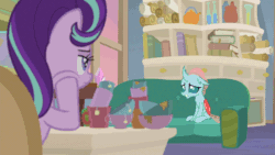 Size: 832x468 | Tagged: safe, edit, screencap, ocellus, starlight glimmer, bugbear, changedling, changeling, dragon, earth pony, pony, unicorn, student counsel, animated, book, bookshelf, bugbear ocellus, chair, cup, desk, disguise, disguised changeling, dragon ocellus, dragonellus, duo, female, gif, identity crisis, loop, mug, pony ocellus, reversed, school of friendship, shapeshifting, sitting, sofa, starlight's office, teacup, teapot, transformation