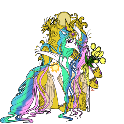 Size: 1220x1220 | Tagged: safe, artist:sourcherry, princess celestia, alicorn, pony, alphonse mucha, bedroom eyes, female, flower, head turn, jewelry, long mane, long tail, looking back, mare, modern art, nouveau, raised leg, rearing, simple background, smiling, solo, tulip, white background, wings