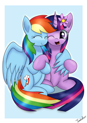 Size: 2480x3507 | Tagged: safe, artist:twidasher, derpibooru import, rainbow dash, twilight sparkle, pegasus, pony, eyes closed, female, flower, flower in hair, hug, lesbian, mare, one eye closed, shipping, twidash