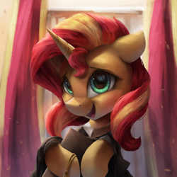 Size: 3000x3000 | Tagged: safe, artist:vanillaghosties, sunset shimmer, pony, unicorn, atg 2018, clothes, cute, female, graduation, graduation cap, happy, hat, high res, mare, newbie artist training grounds, open mouth, shimmerbetes, solo