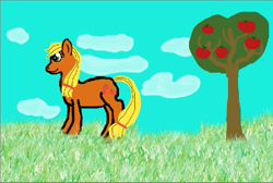 Size: 601x403 | Tagged: safe, artist:eillahwolf, applejack, earth pony, pony, grass, solo, tree