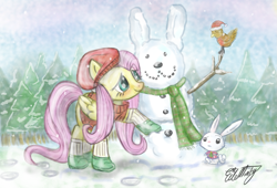 Size: 1439x977 | Tagged: safe, artist:eilemonty, angel bunny, fluttershy, pegasus, pony, female, mare, snow, snowfall, snowman, winter