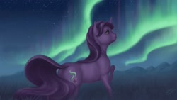 Size: 3307x1860 | Tagged: safe, artist:bluespaceling, starlight glimmer, pony, unicorn, aurora borealis, female, grass, hoers, mare, night, night sky, outdoors, sky, solo, starry night