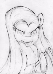 Size: 1545x2160 | Tagged: safe, artist:gezawatt, pinkie pie, pony, angry, creepy, looking at you, monochrome, pencil drawing, pinkamena diane pie, scythe, semi-realistic, sketch, solo, traditional art