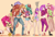 Size: 2500x1682 | Tagged: safe, artist:sundown, derpibooru import, applejack, fluttershy, pinkie pie, rainbow dash, rarity, twilight sparkle, crab, human, angry, applejack's hat, backpack, belly button, belt, blushing, boots, choker, clothes, converse, cowboy hat, dance party, dress, eyes closed, facepalm, female, floral head wreath, get, glare, gritted teeth, hat, hermit crab, horned humanization, humanized, jacket, line-up, long skirt, looking at each other, mane six, map, midriff, milestone, pants, poking, shirt, shoes, shorts, simple background, skinny, skirt, smiling, sword, torn clothes, weapon, winged humanization, x00000 milestone