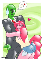 Size: 900x1200 | Tagged: safe, artist:stigma-photon, pinkie pie, oc, oc:anon, anthro, heart, hug