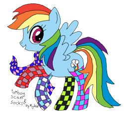 Size: 2280x2148 | Tagged: safe, artist:icey-wicey-1517, artist:thecloud96, color edit, derpibooru import, edit, rainbow dash, pegasus, pony, checkered socks, clothes, colored, female, mare, mismatched socks, open mouth, raised hoof, scarf, signature, simple background, socks, solo, stock vector, transparent background