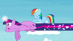 Size: 1440x810 | Tagged: safe, derpibooru import, screencap, rainbow dash, twilight sparkle, twilight sparkle (alicorn), alicorn, pegasus, pony, twilight's kingdom, cloud, duo, female, flying, glowing horn, mare, speed trail, spoiler