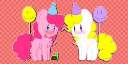 Size: 4000x2000 | Tagged: safe, artist:butterscothfever223, pinkie pie, surprise, earth pony, pony, turtle, balloon, chibi, hat, party hat, solo