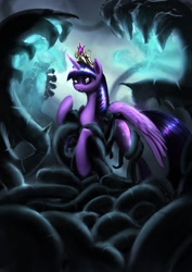 Size: 1240x1754 | Tagged: safe, artist:zolombo, derpibooru import, twilight sparkle, twilight sparkle (alicorn), alicorn, pony, princess twilight sparkle (episode), black vine, dark, female, glow, mare, poison vine, scene interpretation, solo, tentacles