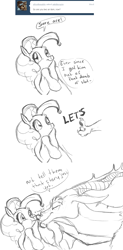 Size: 824x1672 | Tagged: safe, discord, pinkie pie, earth pony, pony, ask, ask discopie, comic, discopie, female, interspecies, male, monochrome, shipping, straight, tumblr