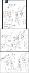 Size: 967x2454 | Tagged: safe, discord, pinkie pie, earth pony, pony, ask, ask discopie, comic, discopie, female, interspecies, juice box, male, monochrome, shipping, straight, tumblr