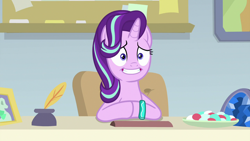 Size: 1280x720 | Tagged: safe, screencap, starlight glimmer, pony, student counsel, awkward smile, bracelet, hooves together, jewelry, solo