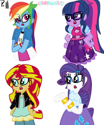 Size: 1024x1229 | Tagged: safe, artist:xxfluffypachirisuxx, derpibooru import, rainbow dash, rarity, sci-twi, sunset shimmer, twilight sparkle, equestria girls, simple background, transparent background