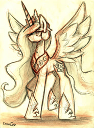 Size: 1600x2174 | Tagged: safe, artist:dracojayproduct, princess celestia, alicorn, pony, hair over one eye, raised hoof, smiling, solo, spread wings, traditional art