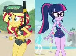 Size: 4488x3280 | Tagged: safe, paisley, sci-twi, starlight, sunset shimmer, twilight sparkle, better together, equestria girls, unsolved selfie mysteries, background human, diving goggles, geode of empathy, geode of telekinesis, legs, ponytail