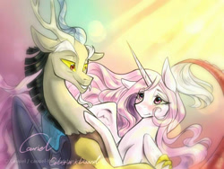 Size: 800x600 | Tagged: safe, artist:cassiel, discord, princess celestia, alicorn, pony, :t, blushing, cuddling, dislestia, eye contact, female, floppy ears, grin, hug, male, pink mane, pink-mane celestia, shipping, smiling, snuggling, spread wings, straight