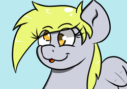 Size: 1100x768 | Tagged: safe, artist:tranzmuteproductions, derpy hooves, pegasus, pony, bust, female, mare, portrait, simple background, solo, tongue out