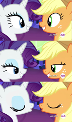 Size: 923x1551 | Tagged: safe, edit, edited screencap, screencap, applejack, rarity, earth pony, pony, unicorn, twilight's kingdom, comic, eye contact, hub logo, out of context