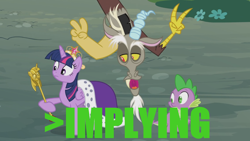 Size: 1706x960 | Tagged: safe, derpibooru import, discord, twilight sparkle, twilight sparkle (alicorn), alicorn, pony, princess twilight sparkle (episode), air quotes, female, image macro, implying, mare, meme, scepter, twilight scepter