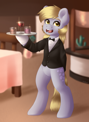 Size: 2200x3000 | Tagged: safe, artist:spirit-dude, derpy hooves, pony, beverage, bipedal, chair, clothes, female, open mouth, restaurant, solo, suit, table, tray, waitress