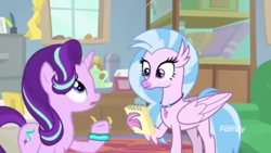 Size: 1366x768 | Tagged: safe, screencap, silverstream, starlight glimmer, pony, unicorn, student counsel, cabinet, notepad, office, rug, sofa, window