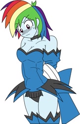 Size: 829x1280 | Tagged: safe, artist:max rider, derpibooru import, rainbow dash, equestria girls, blushing, breasts, cleavage, clothes, female, higurashi no naku koro ni, maid, rainbow dash always dresses in style, simple background, solo, sweat, sweatdrop, white background