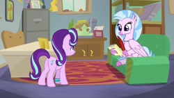 Size: 1920x1080 | Tagged: safe, screencap, silverstream, starlight glimmer, pony, unicorn, student counsel, cabinet, chair, desk, discovery family logo, office, rug, sofa, teapot