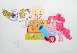 Size: 1358x942 | Tagged: safe, artist:count oxymagomedov sear, derpibooru exclusive, derpibooru import, applejack, pinkie pie, rainbow dash, rarity, surprise, twilight sparkle, earth pony, pegasus, pony, unicorn, g1, 35th anniversary, bow, cake, candle, confetti, cutie mark, food, g1 to g4, generation leap, generational ponidox, party cannon, smiling, tail bow, traditional art