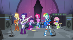 Size: 1280x714 | Tagged: safe, derpibooru import, screencap, applejack, fluttershy, pinkie pie, rainbow dash, rarity, spike, sunset shimmer, twilight sparkle, twilight sparkle (alicorn), alicorn, dog, equestria girls, rainbow rocks, bass guitar, boots, covering eyes, drum set, guitar, humane five, humane six, keytar, mane six, microphone, musical instrument, notebook, shoes, spike the dog, tambourine, the rainbooms