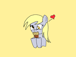 Size: 1600x1200 | Tagged: safe, artist:gempainter32, artist:icey-wicey-1517, derpibooru exclusive, derpy hooves, pegasus, pony, :3, colored, cute, derpabetes, eating, female, food, heart, mare, muffin, nom, simple background, solo, yellow background