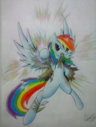 Size: 1536x2048 | Tagged: safe, artist:ravenarkk, derpibooru import, rainbow dash, pegasus, pony, bandage, punch, solo, traditional art