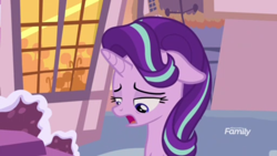 Size: 1366x768 | Tagged: safe, screencap, starlight glimmer, pony, student counsel, discovery family logo, night, sad, solo