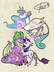 Size: 2391x3216 | Tagged: safe, artist:psychoon, princess celestia, rarity, spike, alicorn, classical unicorn, dragon, pony, unicorn, female, leonine tail, male, older, older spike, shipping, sparity, straight, winged spike