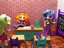 Size: 1000x750 | Tagged: safe, artist:whatthehell!?, adagio dazzle, derpy hooves, princess celestia, principal celestia, equestria girls, apple, boots, chair, chalkboard, classroom, clothes, cup, desk, doll, equestria girls minis, eqventures of the minis, food, gem, irl, photo, shoes, skirt, toy