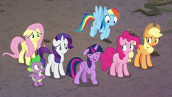 Size: 1280x720 | Tagged: safe, derpibooru import, screencap, applejack, fluttershy, pinkie pie, rainbow dash, rarity, spike, twilight sparkle, twilight sparkle (alicorn), alicorn, dragon, earth pony, pegasus, pony, unicorn, school raze, applejack's hat, cowboy hat, hat, mane seven, mane six, stetson, winged spike