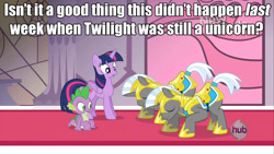 Size: 1280x720 | Tagged: safe, derpibooru import, spike, twilight sparkle, twilight sparkle (alicorn), alicorn, dragon, princess twilight sparkle (episode), image macro, royal guard, text