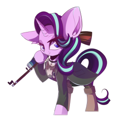 Size: 1958x2000 | Tagged: safe, artist:hagallaz, starlight glimmer, pony, unicorn, boots, canon, clothes, colored outlines, commission, female, gun, impossibly large ears, looking at you, mare, shirt, shoes, simple background, solo, transparent background, weapon